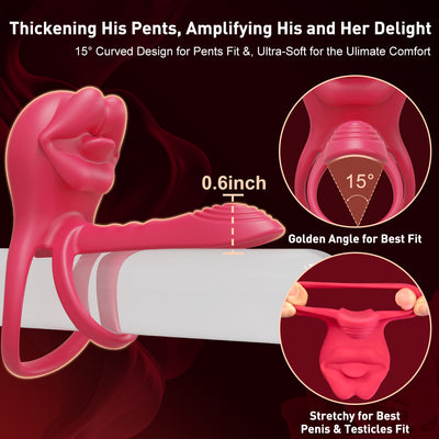 Vibrating Penis Sleeve Cock Ring with Full Lips Tongue Clitoral Stimulator, Penis Ring Vibrator Extender for G Spot Stimulation