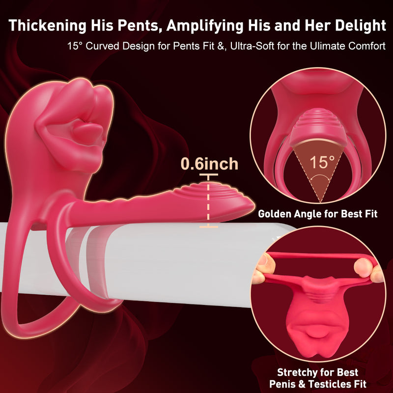 Vibrating Penis Sleeve Cock Ring with Full Lips Tongue Clitoral Stimulator, Penis Ring Vibrator Extender for G Spot Stimulation