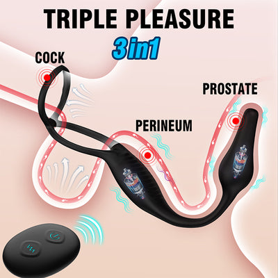 Detailed view of the 3-in-1 cock ring and prostate massager highlighting the three stimulation zones