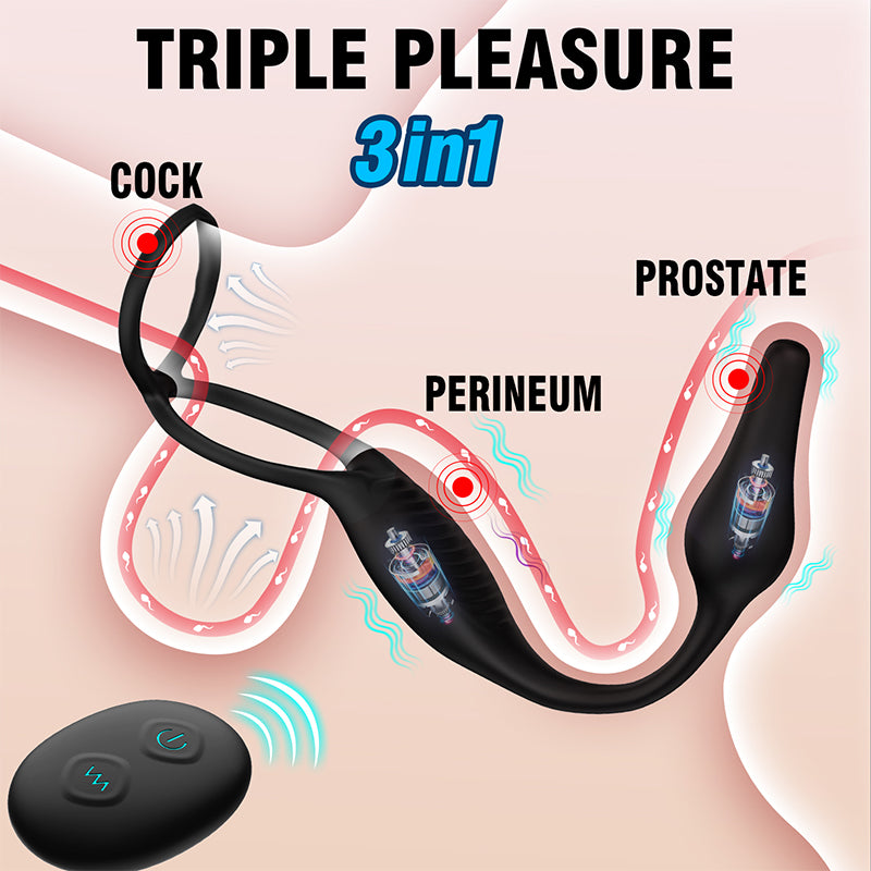 Detailed view of the 3-in-1 cock ring and prostate massager highlighting the three stimulation zones
