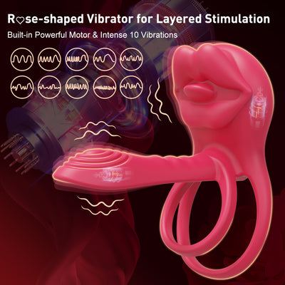 Vibrating Penis Sleeve Cock Ring with Full Lips Tongue Clitoral Stimulator, Penis Ring Vibrator Extender for G Spot Stimulation
