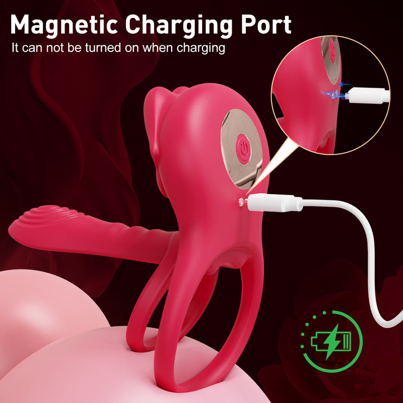 Vibrating Penis Sleeve Cock Ring with Full Lips Tongue Clitoral Stimulator, Penis Ring Vibrator Extender for G Spot Stimulation