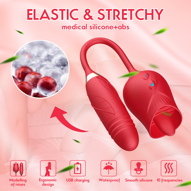 Rolay - 2 in 1 Thrusting Vibrating Rose Toy Sucking Vibrator for Women Nipple Clitoris Stimulator Clit Sucker