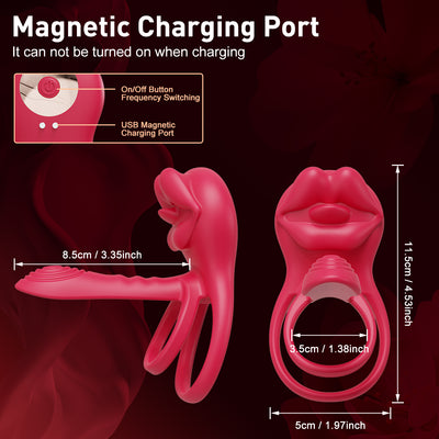 Vibrating Penis Sleeve Cock Ring with Full Lips Tongue Clitoral Stimulator, Penis Ring Vibrator Extender for G Spot Stimulation