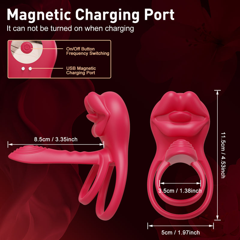 Vibrating Penis Sleeve Cock Ring with Full Lips Tongue Clitoral Stimulator, Penis Ring Vibrator Extender for G Spot Stimulation