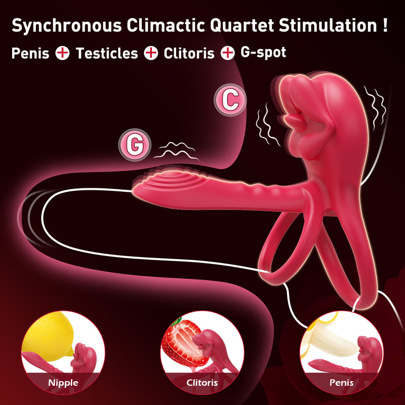 Vibrating Penis Sleeve Cock Ring with Full Lips Tongue Clitoral Stimulator, Penis Ring Vibrator Extender for G Spot Stimulation