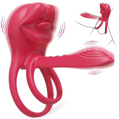 Vibrating Penis Sleeve Cock Ring with Full Lips Tongue Clitoral Stimulator, Penis Ring Vibrator Extender for G Spot Stimulation