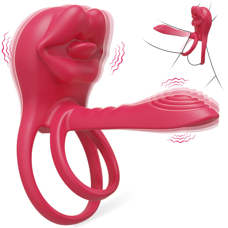 Vibrating Penis Sleeve Cock Ring with Full Lips Tongue Clitoral Stimulator, Penis Ring Vibrator Extender for G Spot Stimulation