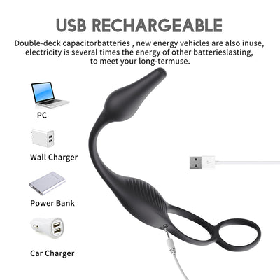 Cock ring and prostate massager with USB charging port visible for easy recharging