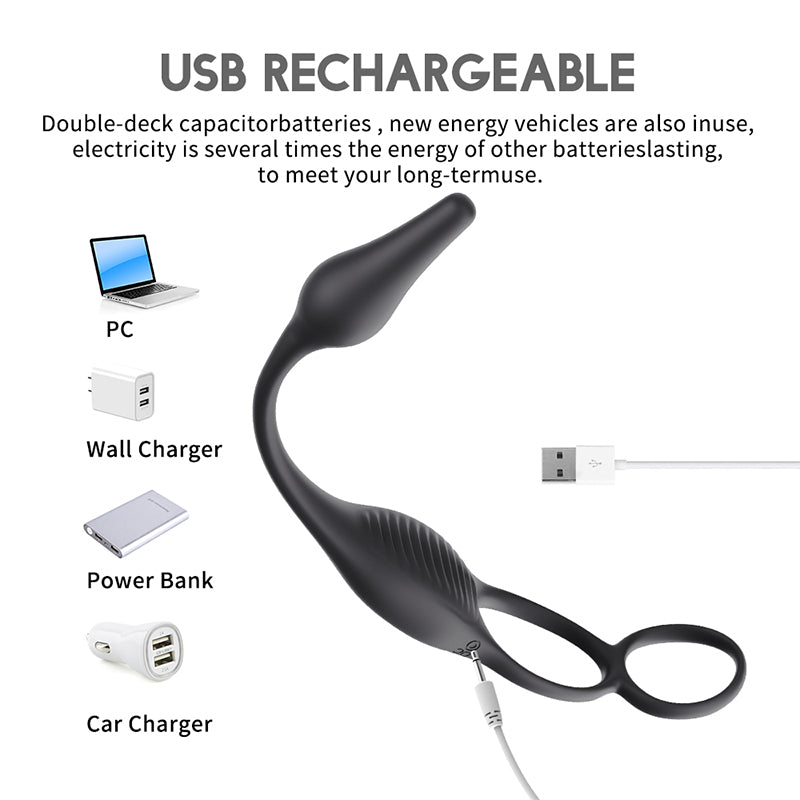 Cock ring and prostate massager with USB charging port visible for easy recharging