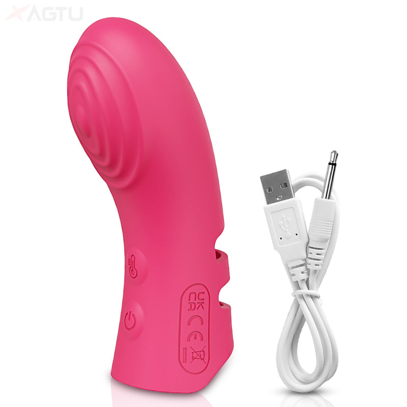 Finger vibrator with heating function and included charger on a white background