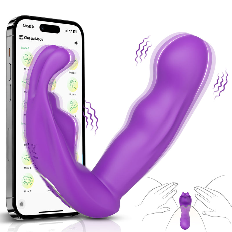 Purple invisible wearable vibrator for women with app and insertion diagram