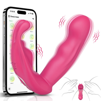 Red invisible wearable vibrator for women with app and insertion diagram