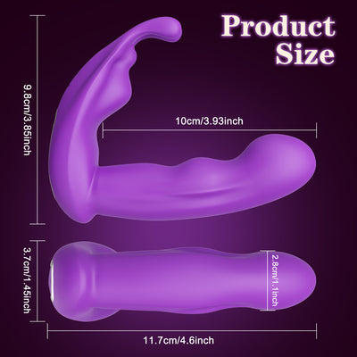 Dimensions of purple invisible wearable vibrator shown