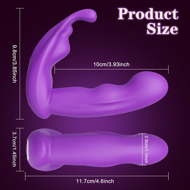 Dimensions of purple invisible wearable vibrator shown