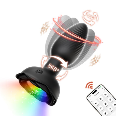 LED flower black butt plug with 360° rotation, app control, and glowing tail