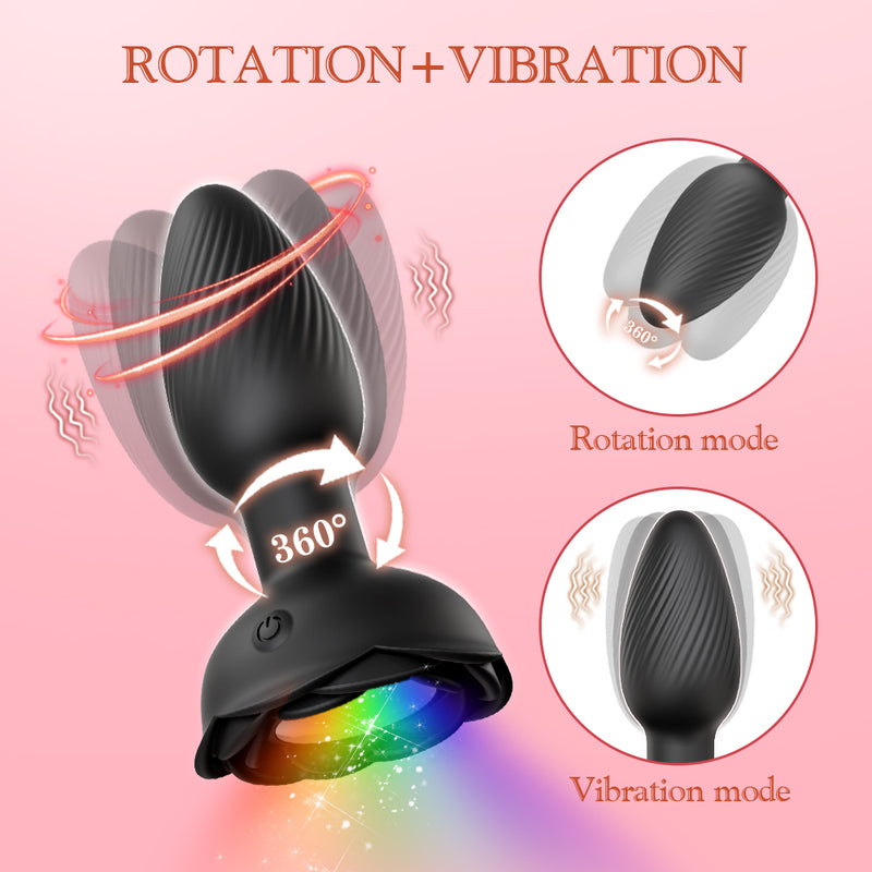 Led flower black butt plug showing rotation and vibration details