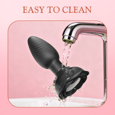 Black LED flower butt plug featuring waterproof design and easy cleaning