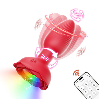 LED flower red butt plug with 360° rotation, app control, and glowing tail