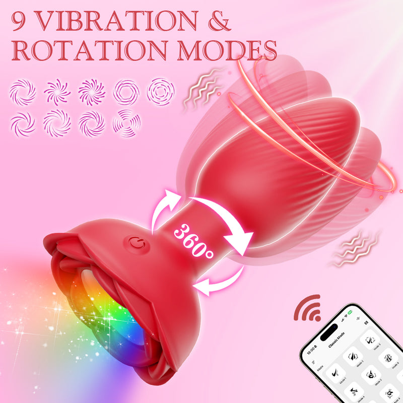 LED flower red butt plug with 9 vibration and rotation modes