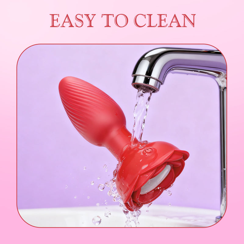 Red LED flower butt plug featuring waterproof design and easy cleaning