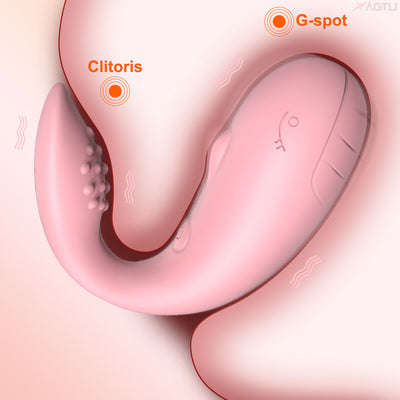Pink double vibrating egg inserted for simultaneous G-spot and clitoral stimulation