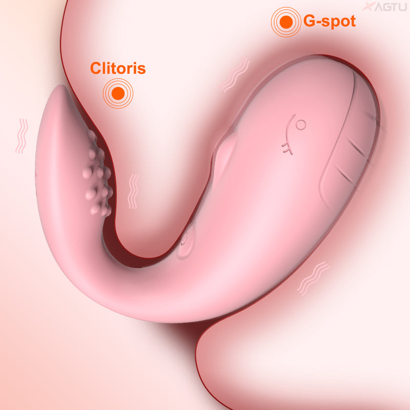 Pink double vibrating egg inserted for simultaneous G-spot and clitoral stimulation