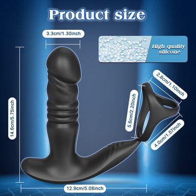 Prostate massager with cock ring showing product size and dimensions