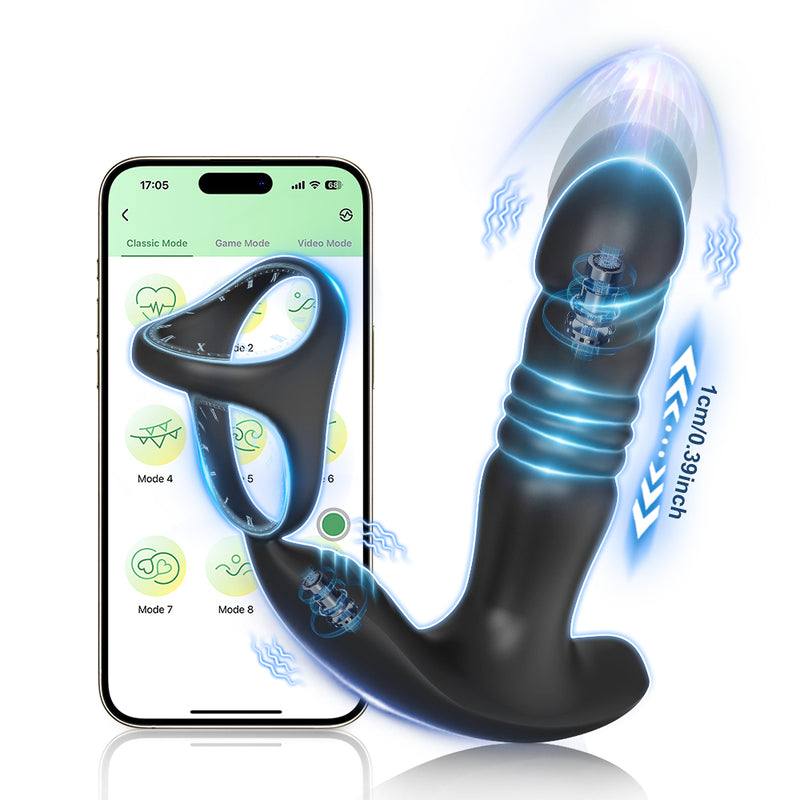 Prostate massager with cock ring and mobile app on white background