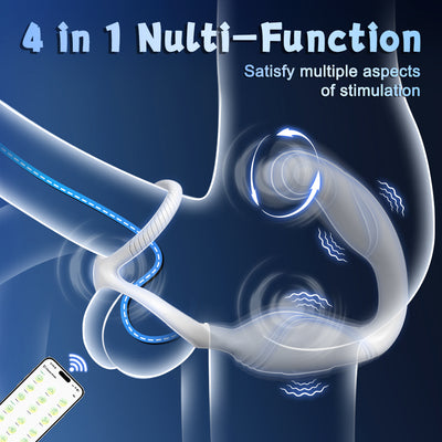 4 in 1 function display showing multiple stimulation areas of the prostate toy with cock ring