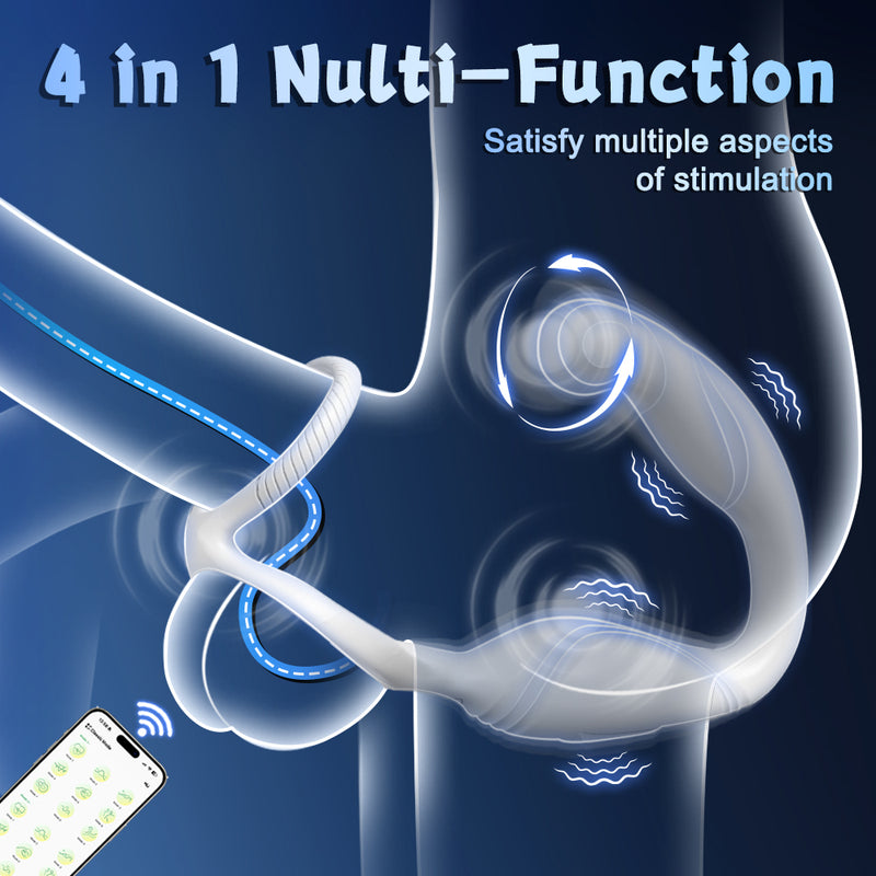 4 in 1 function display showing multiple stimulation areas of the prostate toy with cock ring