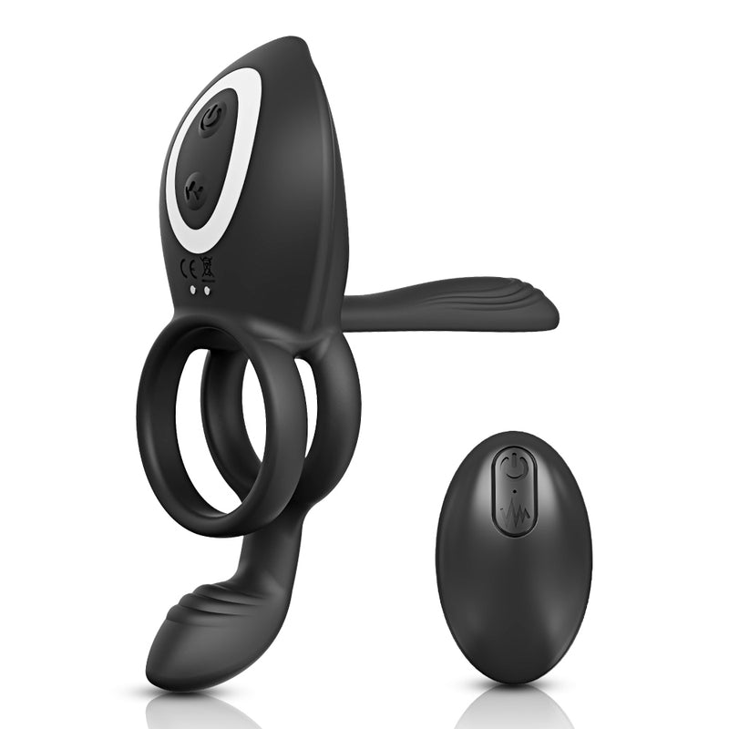 Black silicone vibrating cock ring with black wireless remote control
