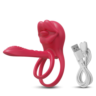 Vibrating Penis Sleeve Cock Ring with Full Lips Tongue Clitoral Stimulator, Penis Ring Vibrator Extender for G Spot Stimulation