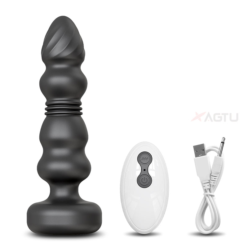 Thrusting anal vibrator with remote control and charging cable