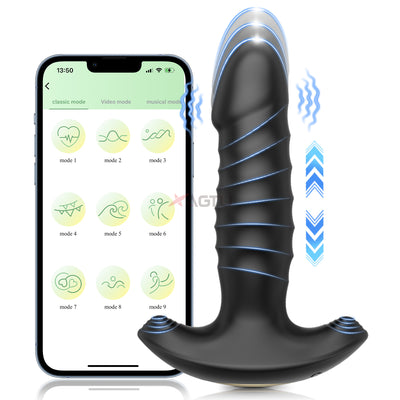 Black thrusting vibrating prostate massager displayed side-by-side with app on white background
