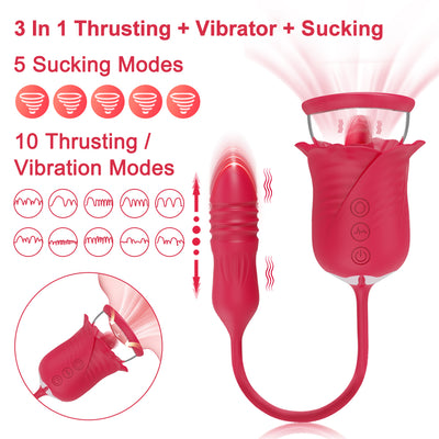 Rose Tongue 3 In 1 Vibrating & Sucking Vibrator Stimulator With Thrusting Dildo
