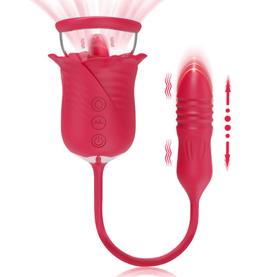 Rose Tongue 3 In 1 Vibrating & Sucking Vibrator Stimulator With Thrusting Dildo